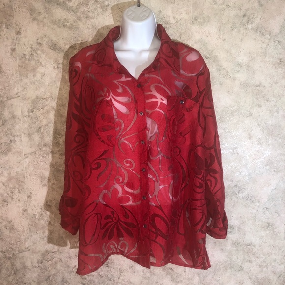 Notations Tops - Notations See-Thru Swirl Button-Down Blouse